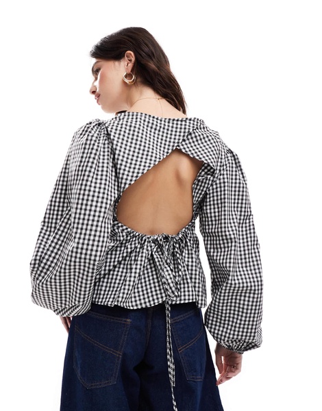 ASOS DESIGN poplin long sleeve ruched back blouse in black gingham