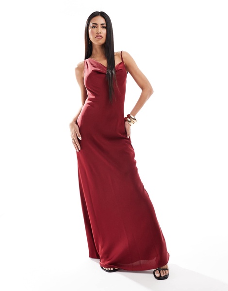 Aria Cove satin cowl neck open cross back maxi dress in red