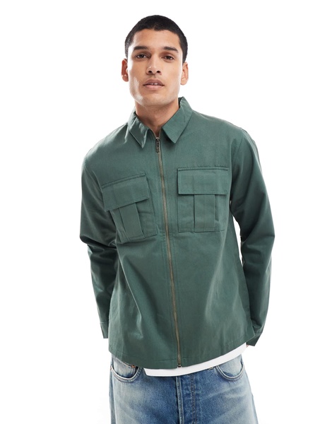 Another Influence zip up utility shirt in khaki