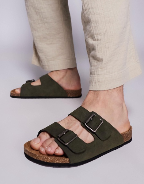 ASOS DESIGN two strap sandals in olive with cork soles