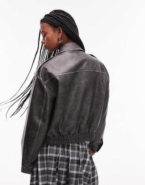 Topshop faux leather cropped button thru patch pocket bomber jacket in washed black