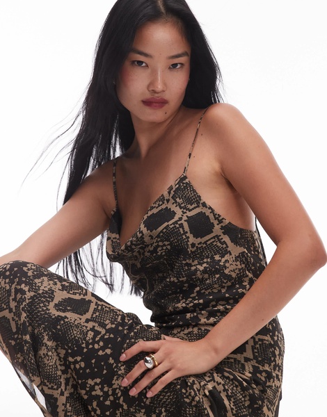 Topshop twist back cowl neck midi slip dress in snake print