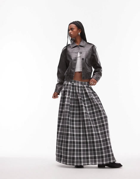 Topshop faux leather cropped button thru patch pocket bomber jacket in washed black