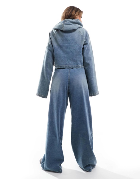 ASOS DESIGN denim jersey wide leg pants in midwash blue - part of a set