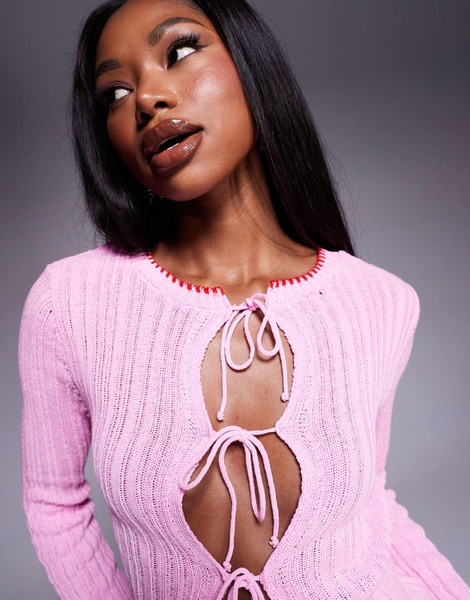 ASOS DESIGN knit tie front cardigan with red tipping detail in pink