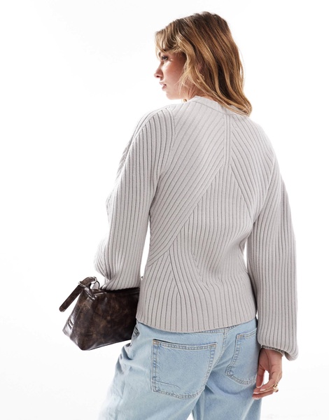 ASOS DESIGN knit structured sweater with volume sleeve in rib in gray