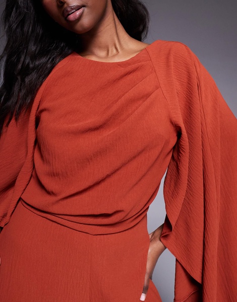 ASOS DESIGN cape detail wide leg jumpsuit with open back in deep rust