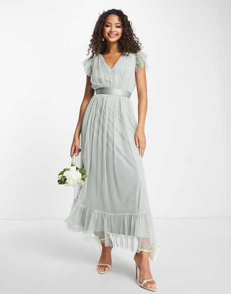 Anaya Bridesmaid flutter sleeve midaxi dress in sage green