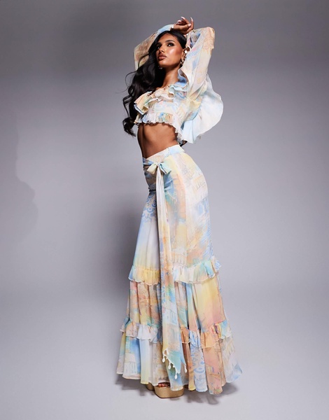 ASOS LUXE ruffle organza maxi skirt with shell trims in postcard print - part of a set