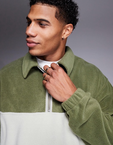 ASOS DESIGN oversized rugby polo fleece sweatshirt in green and gray