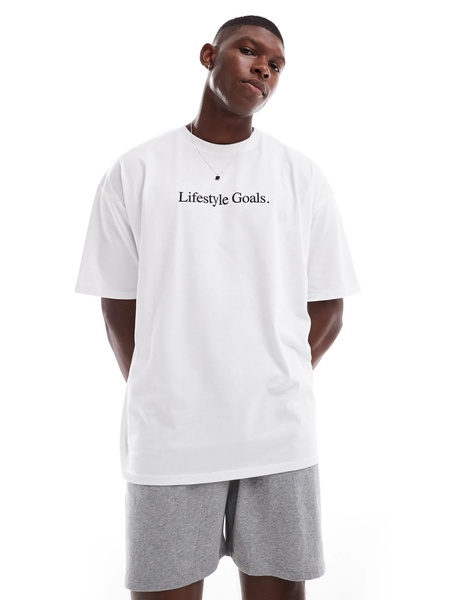 ASOS DESIGN pajama set with lifestyle goals slogan in white