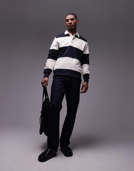 Mango rugby polo shirt in navy & white stripe