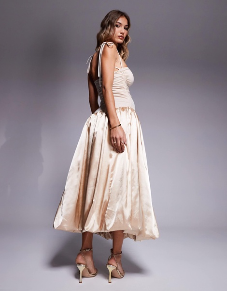 Amy Lynn Alexa tie shoulder satin puffball midi dress in milk