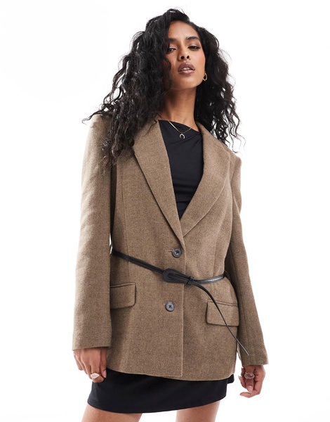 ASOS DESIGN oversized strong shoulder belted blazer in mocha