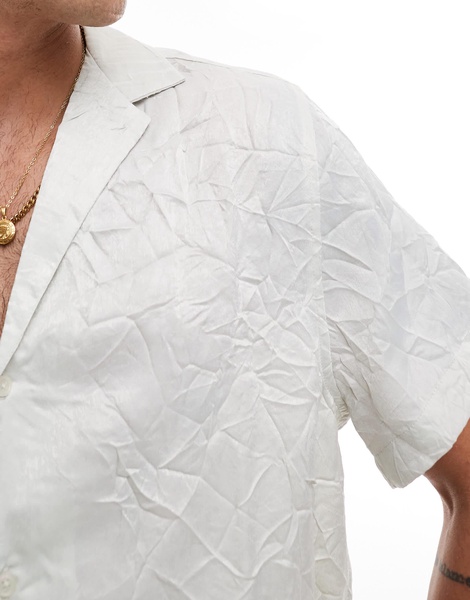 ASOS DESIGN short sleeve relaxed fit deep revere collar satin shirt in gray