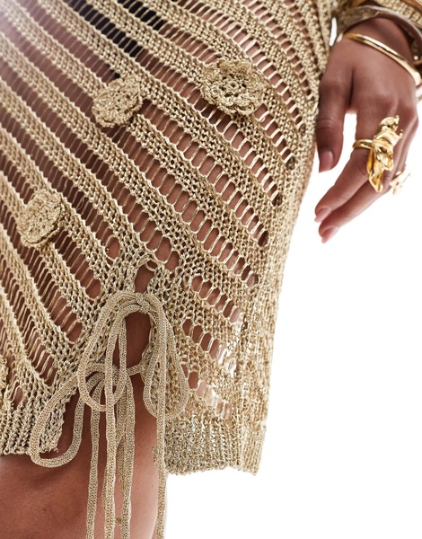 ASOS DESIGN knit mini skirt in metallic yarn with crochet floral embellishment - part of a set