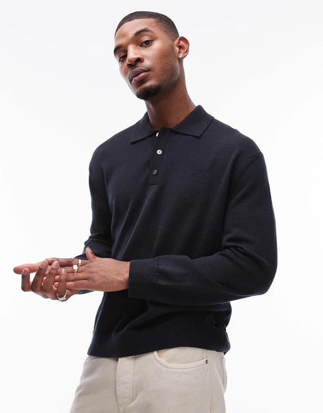 ARKET merino wool knit long sleeve polo shirt in navy