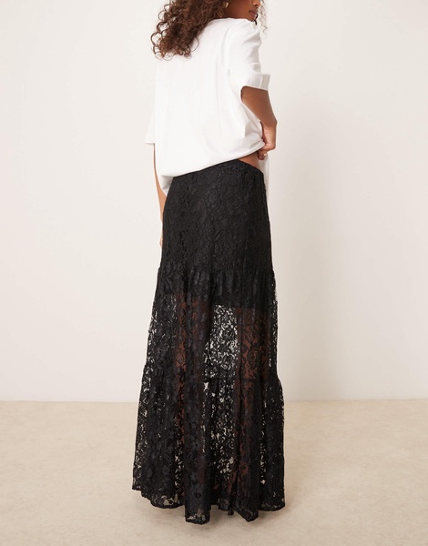 ASOS DESIGN lace tiered maxi skirt with lining in black