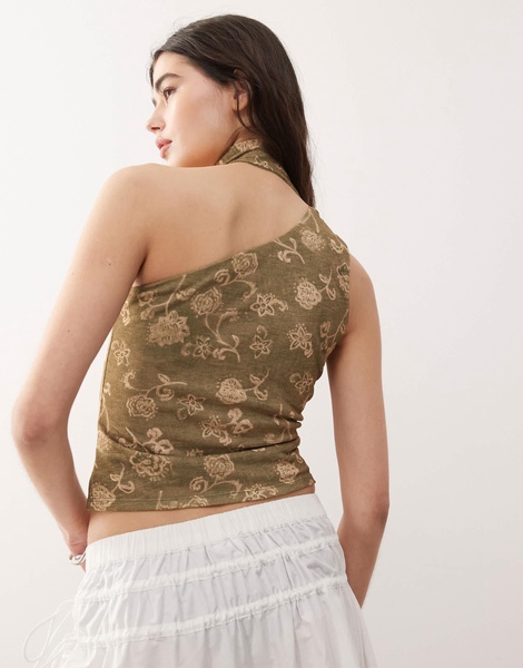 Reclaimed Vintage one shoulder scarf top in floral green print