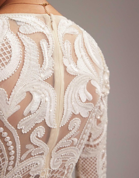 ASOS DESIGN embroidered plunge long sleeve maxi wedding dress in ivory