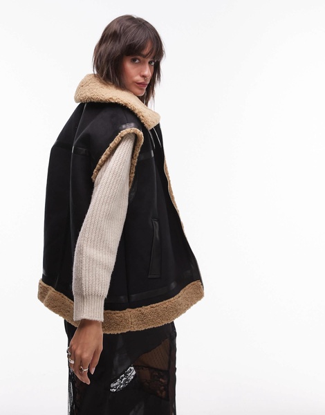 Topshop suede shearling vest in black