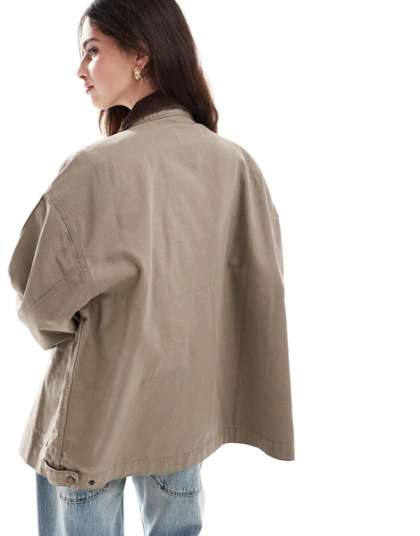 Stradivarius STR barn jacket with corduroy collar detail in khaki