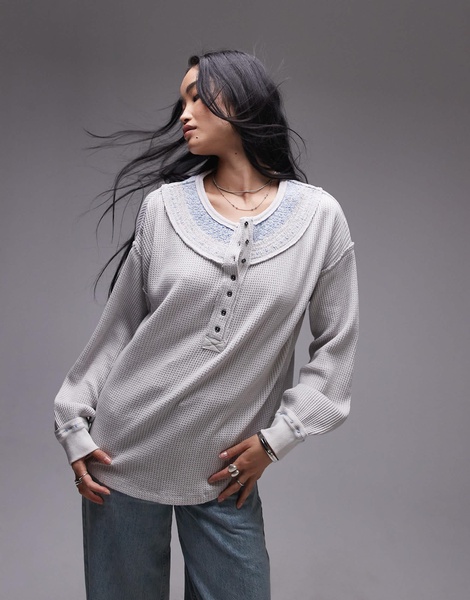 Free People stitch detail relaxed waffle henley sweatshirt in heather gray