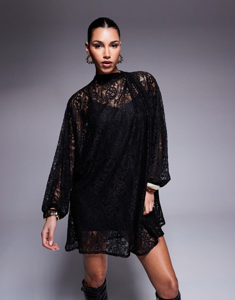 ASOS DESIGN twist neck tie blouson sleeve mini lace dress in black