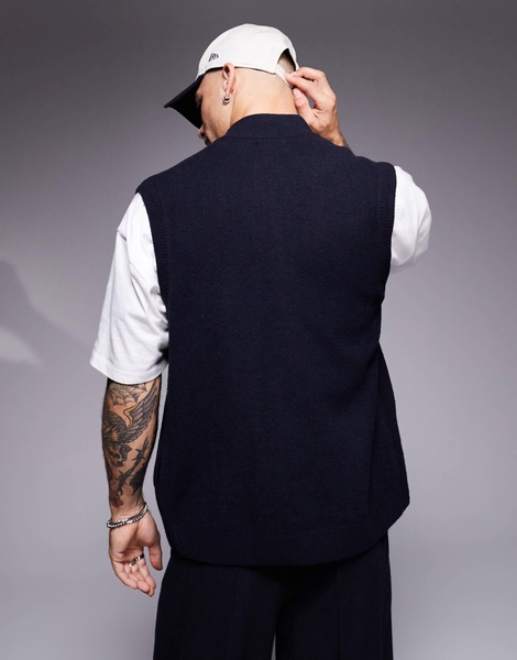 ASOS DESIGN knitted zip thru tank with funnel neck in navy