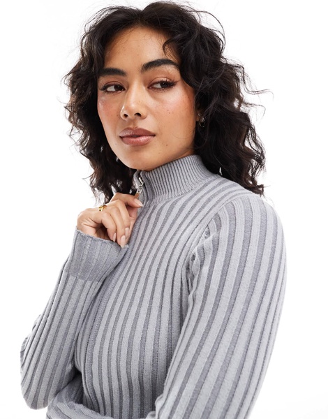 Bershka zip up ribbed sweater in gray