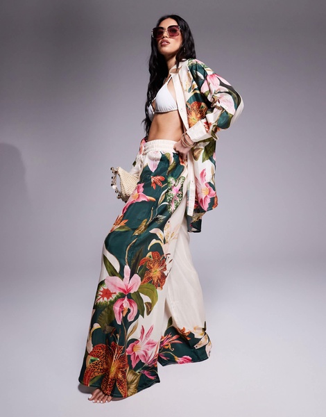River Island botanical print wide leg pants in cream - part of a set