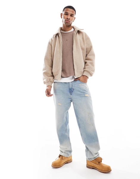 Bershka textured shearling jacket in ecru
