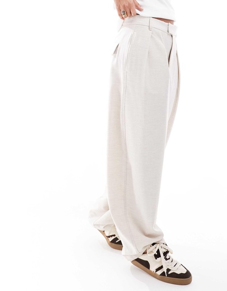 Bershka wide leg pleated front tailored pants in ecru
