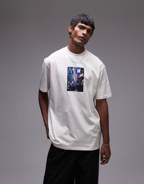 Topman oversized fit t-shirt with Tokyo street print in washed stone