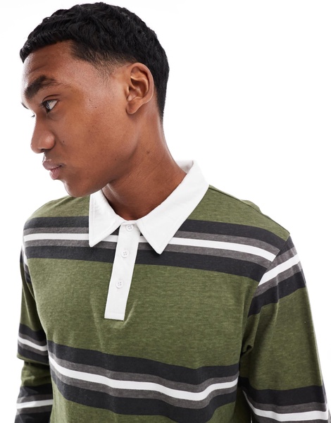 Another Influence striped long sleeve polo shirt in khaki