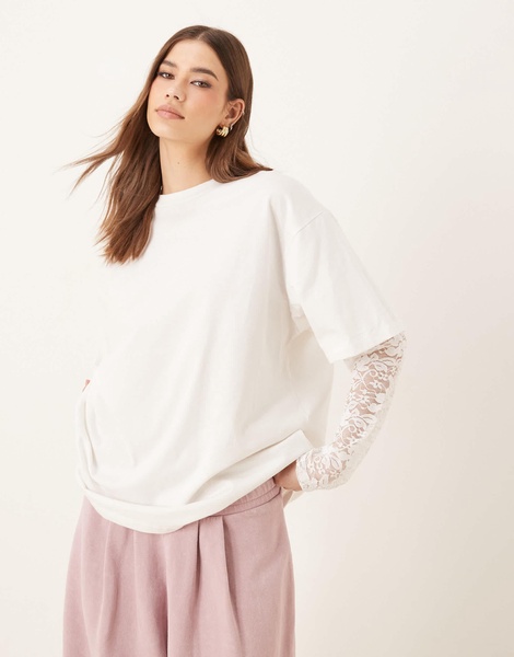 ASOS DESIGN oversized fit tee with lace sleeves in ivory