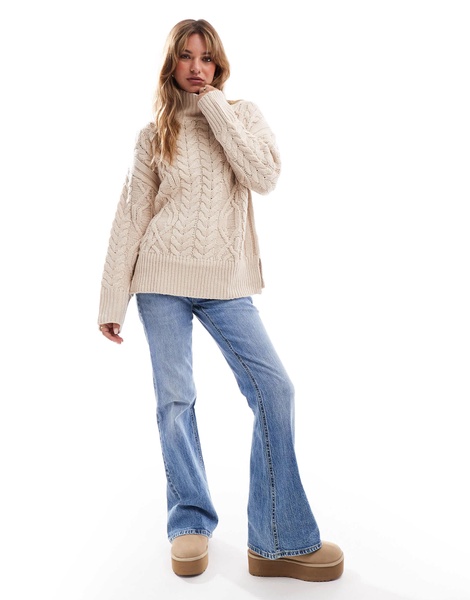 Brave Soul cable knit turtleneck sweater in stone