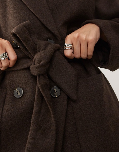 Monki belted double breasted coat in brown melange