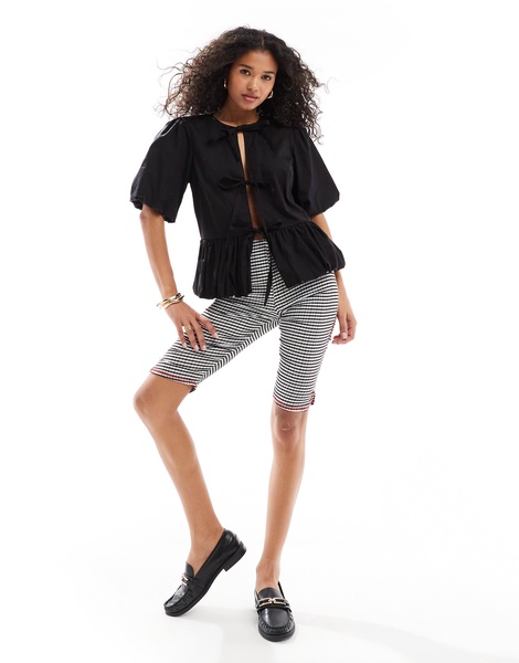 ASOS DESIGN cotton puff sleeve peplum top in black