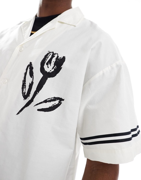 ADPT oversized camp collar shirt with flower placement print in white