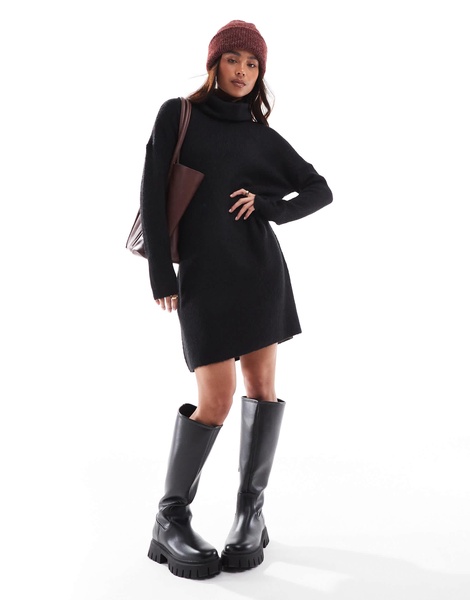 Only roll neck knitted mini sweater dress in black