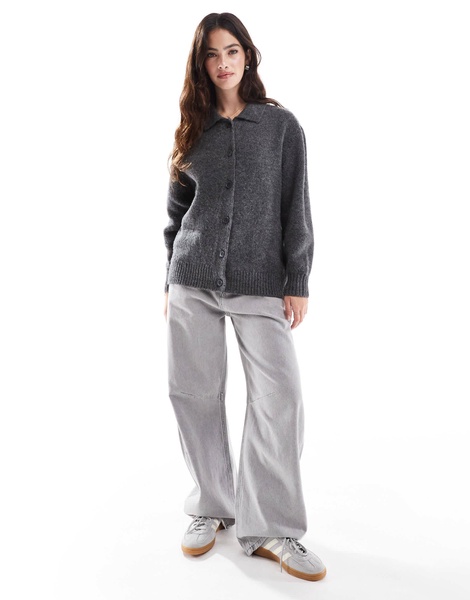 ASOS DESIGN fluffy wool blend knit collar cardigan in charcoal