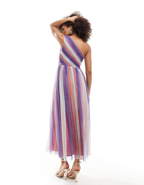 Anaya one shoulder tulle midaxi with split in multi colored stripe