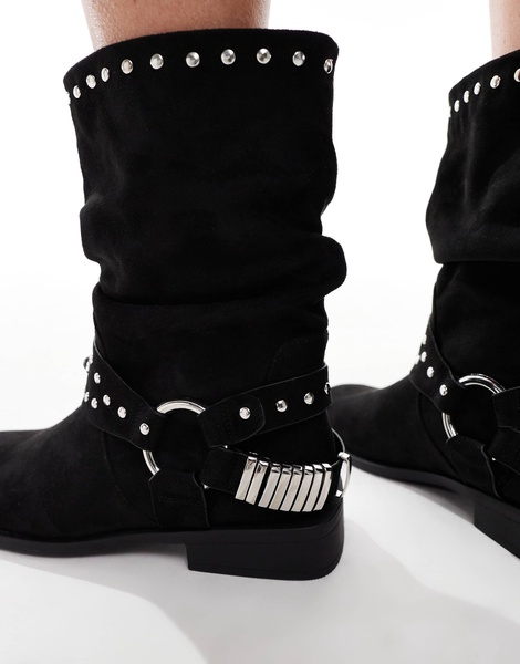 ASOS DESIGN Alara slouchy flat biker boots with hardware in black