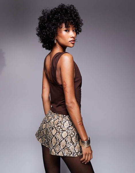 ASOS DESIGN asymmetric slinky cowl top in chocolate