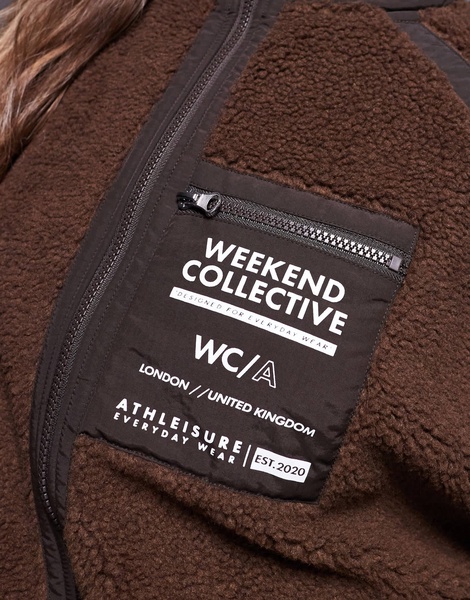 Weekend Collective nylon panel borg zip through fleece in brown