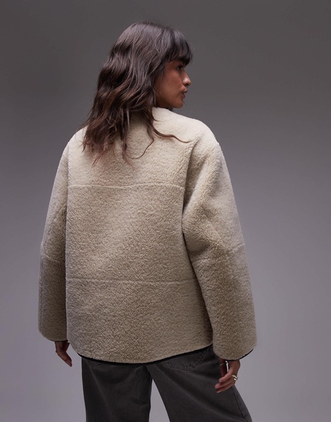 Mango contrast detail collarless faux shearling jacket in ecru