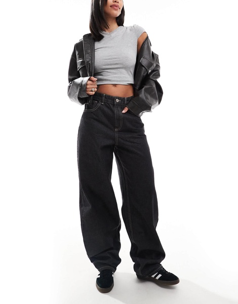 Bershka ultra wide leg contrast stitch jeans in black
