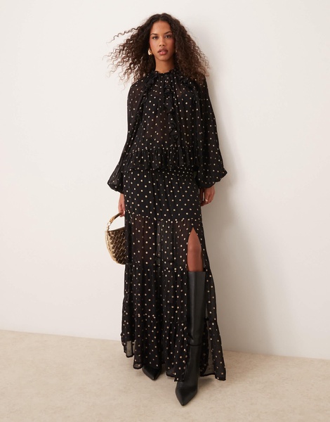 ASOS DESIGN Curve metallic dot maxi skirt in black & gold