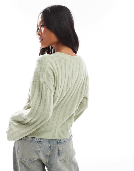 Brave Soul Petite ribbed v-neck sweater in sage green